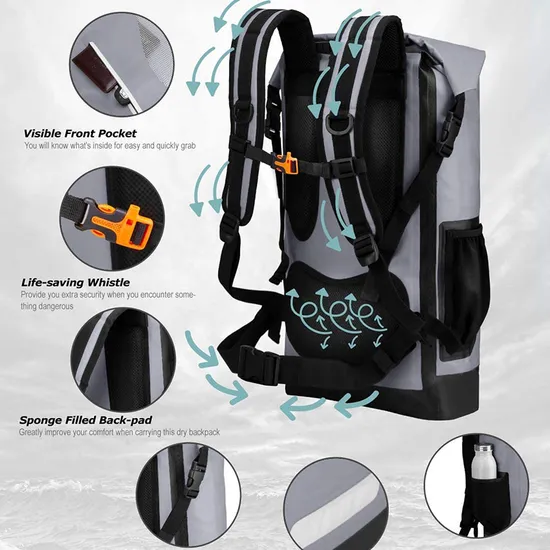 Leyi High Quality PVC Polyester Customized Unisex Padded Shoulder Straps Travel Outdoor 100% Waterproof Dry Backpack