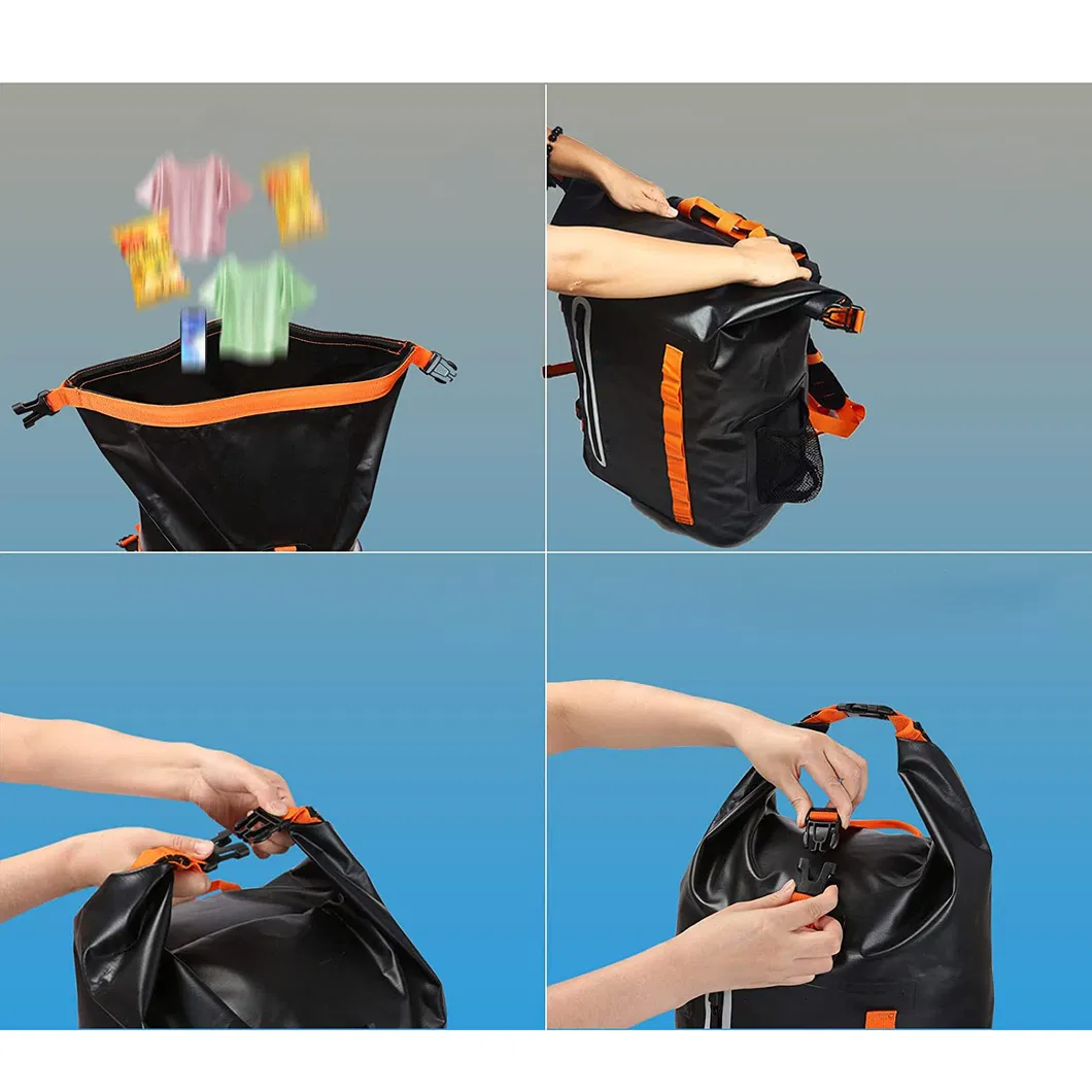 Black 500d PVC Customized Waterproof Rolltop Drybag Travel Rolltop Backpack 35L Dry Backpack